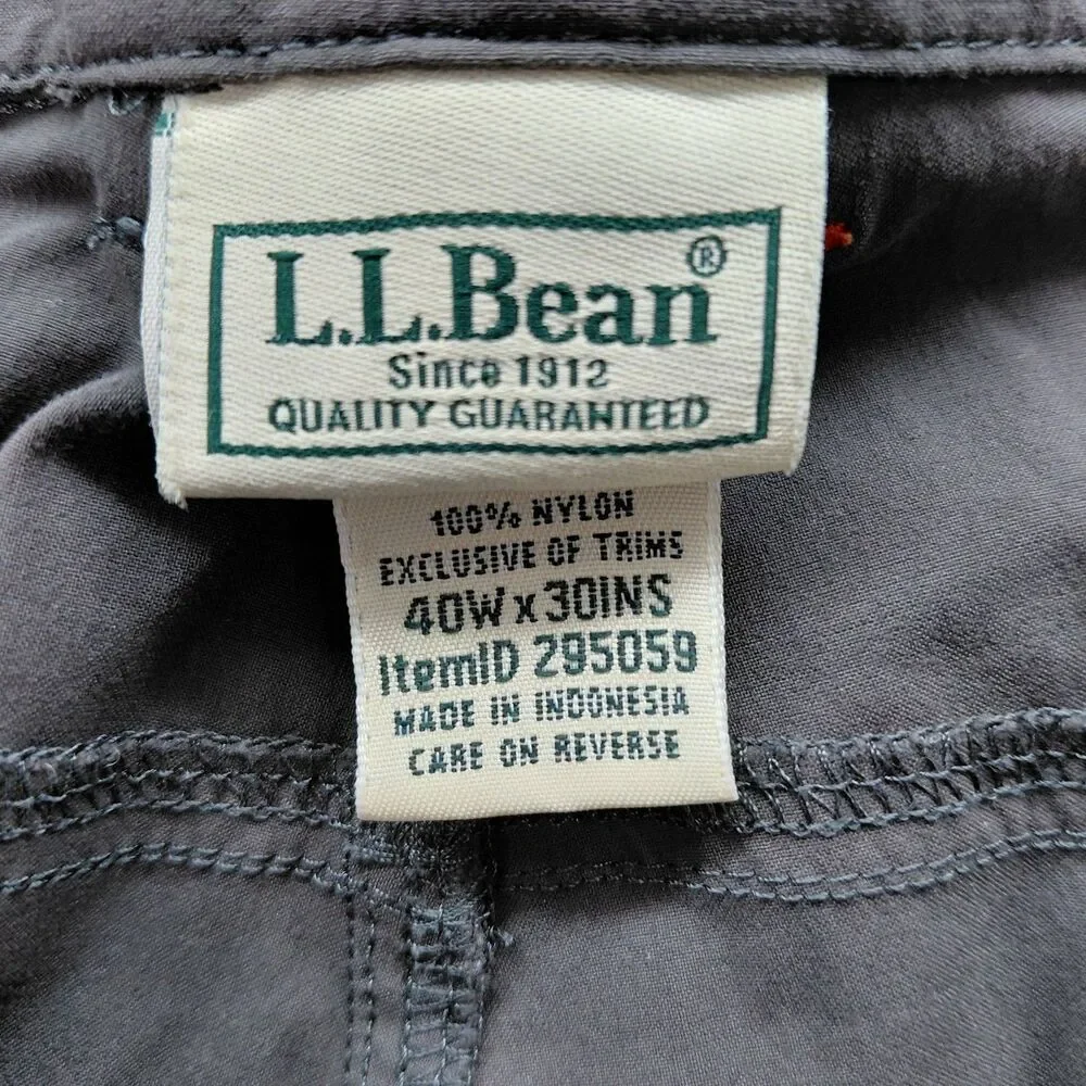 LL Bean Cresta Pants Mens 40x30 Gray Nylon Cargo Water Resistant Outdoor Hiking